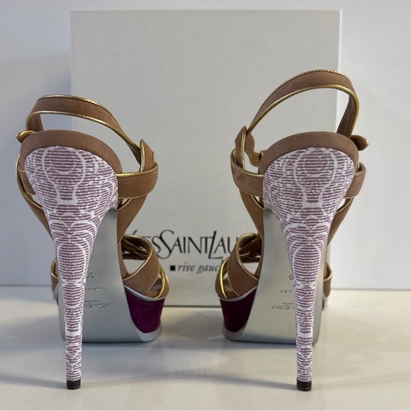 YSL Tribute Yves Saint Laurent  Beige Multicolor Suede Sandal Heels EU 39 US 9 - Picture 3 of 9